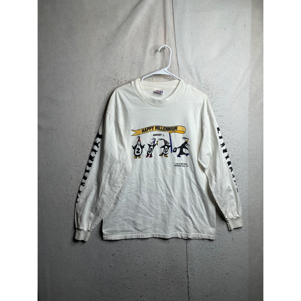 Vintage Hanes Beefy-T Happy Millennium Y2K 5K Run Walk Long Sleeve Shirt White L